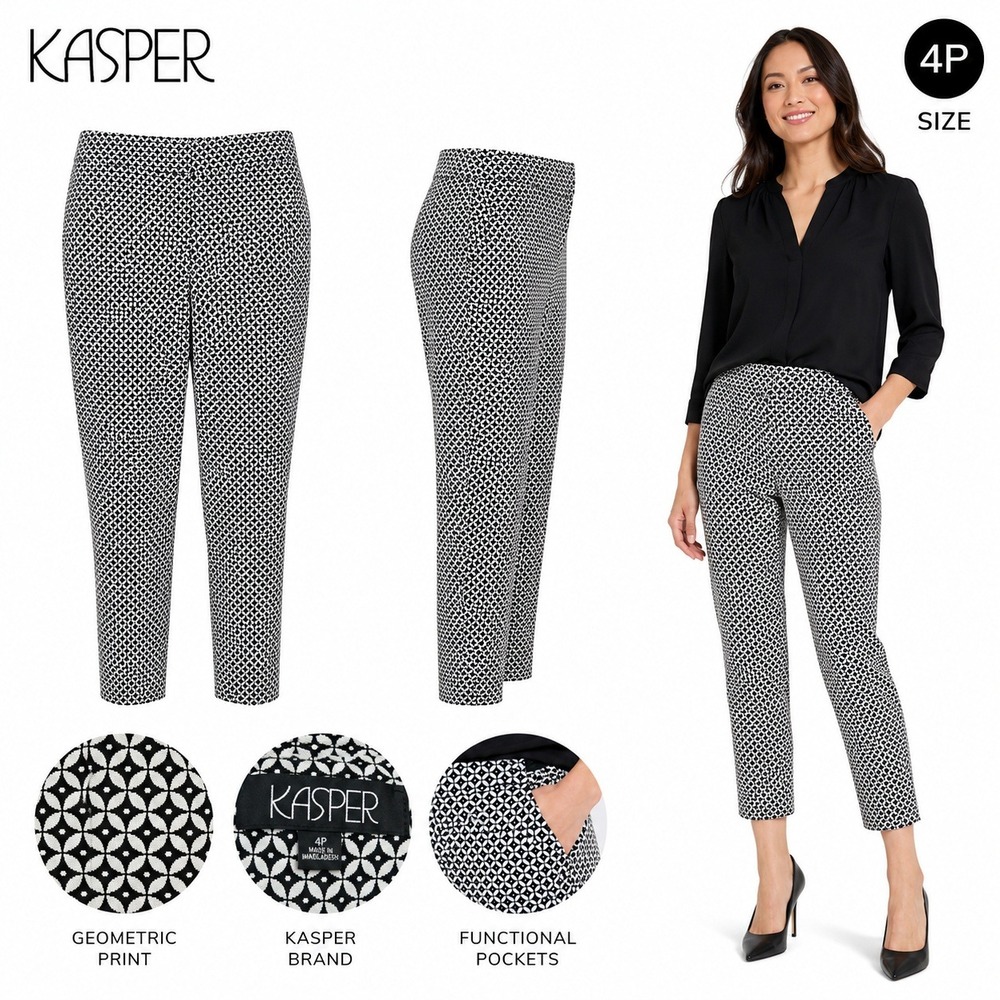Kasper Dress Pants Womens 4P Black White Geometric Straight Fit Modern Office